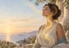 Breath: The Ancient Bridge Between Body, Mind, and Spirit Woman breathing gently by the sea as a golden current of light symbolizes the connection of breath, body, and mind