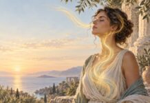 Breath: The Ancient Bridge Between Body, Mind, and Spirit Woman breathing gently by the sea as a golden current of light symbolizes the connection of breath, body, and mind