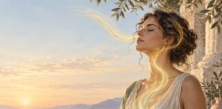Breath: The Ancient Bridge Between Body, Mind, and Spirit Woman breathing gently by the sea as a golden current of light symbolizes the connection of breath, body, and mind
