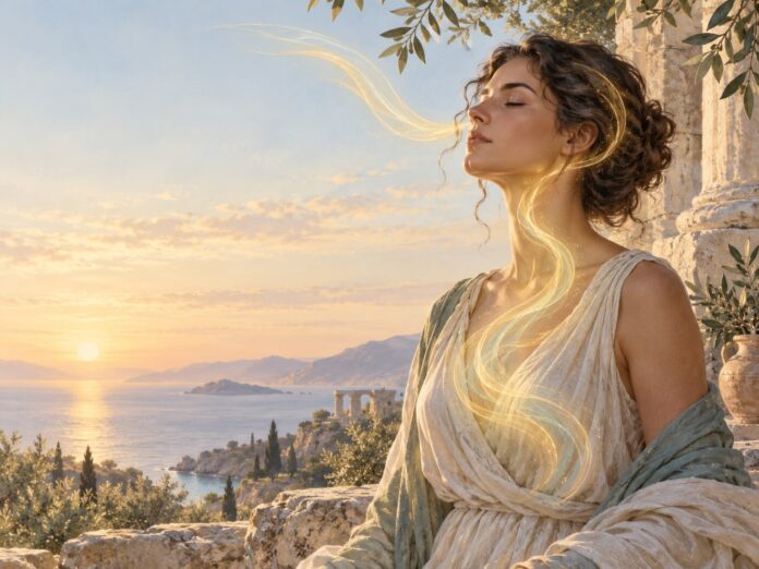 Woman breathing gently by the sea as a golden current of light symbolizes the connection of breath, body, and mind