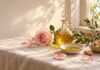 Food for the Skin: Edgar Cayce’s Skin Care Recipe Glass bottle of golden skin oil with a pink rose, olive branch, and peanuts on linen