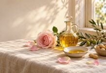 Food for the Skin: Edgar Cayce’s Skin Care Recipe Glass bottle of golden skin oil with a pink rose, olive branch, and peanuts on linen