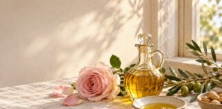 Food for the Skin: Edgar Cayce’s Skin Care Recipe Glass bottle of golden skin oil with a pink rose, olive branch, and peanuts on linen
