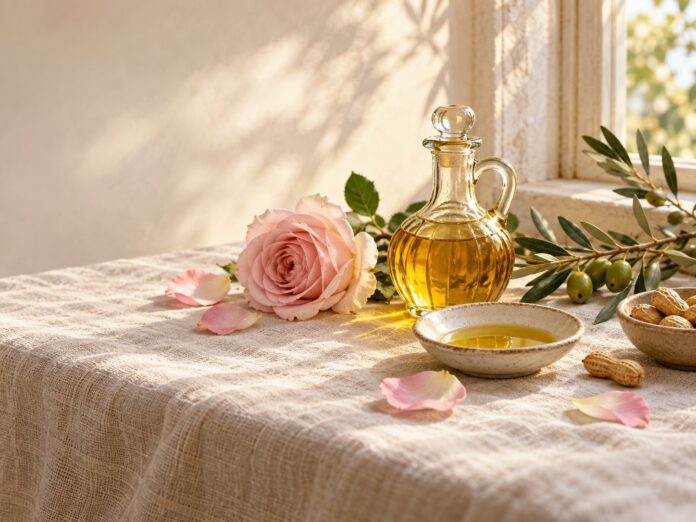 Glass bottle of golden skin oil with a pink rose, olive branch, and peanuts on linen