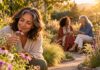 Three Habits That Rewire the Brain for Greater Joy Woman appreciating a flower in a sunlit garden while two friends connect along a winding path.