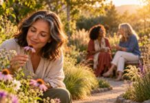 Three Habits That Rewire the Brain for Greater Joy Woman appreciating a flower in a sunlit garden while two friends connect along a winding path.