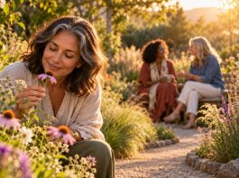 Three Habits That Rewire the Brain for Greater Joy Woman appreciating a flower in a sunlit garden while two friends connect along a winding path.