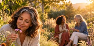 Three Habits That Rewire the Brain for Greater Joy Woman appreciating a flower in a sunlit garden while two friends connect along a winding path.