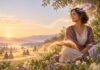 The Three Types of Karma Woman contemplating thought, speech, and action as gentle light ripples reach others in a dawn garden.