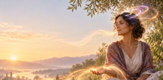 The Three Types of Karma Woman contemplating thought, speech, and action as gentle light ripples reach others in a dawn garden.