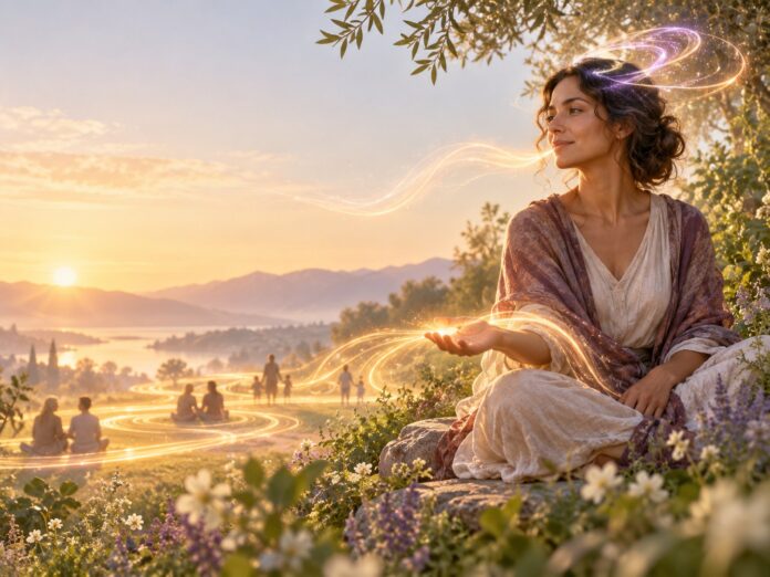 Woman contemplating thought, speech, and action as gentle light ripples reach others in a dawn garden.